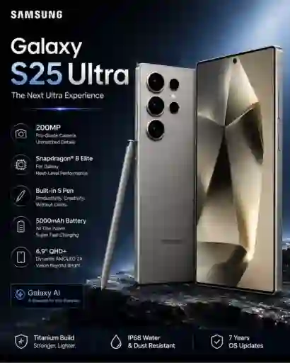 Samsung Galaxy S25 Ultra featuring a premium titanium design, 200MP camera, Galaxy AI, built-in S Pen, and flagship performance in the Best Smartphones 2026 guide.