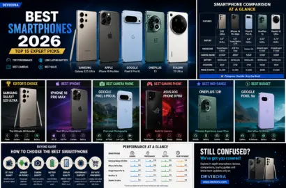 Best Smartphones 2026 infographic comparing Samsung Galaxy S25 Ultra, iPhone 16 Pro Max, Google Pixel 9 Pro XL, OnePlus 13, Xiaomi 15 Ultra, buying guide, and performance comparison.