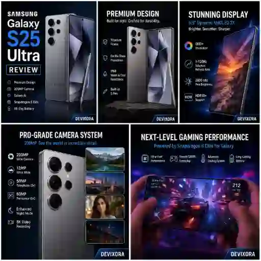 Samsung Galaxy S25 Ultra Review featuring the flagship smartphone with Galaxy AI, Snapdragon 8 Elite, 200MP camera, premium titanium design, and built-in S Pen.